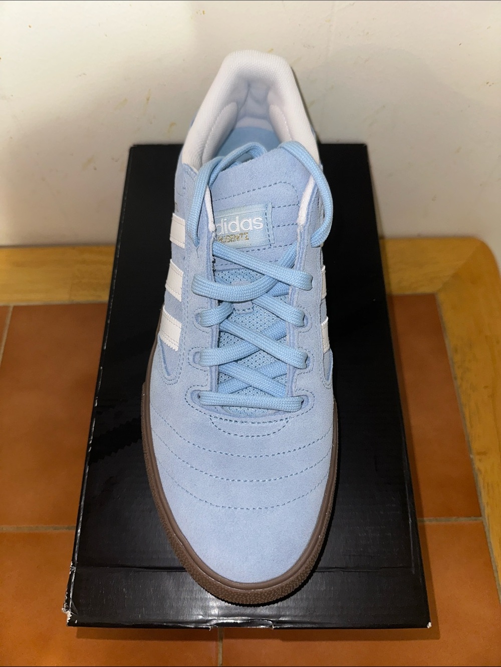 adidas Men’s Light Blue Suede Sneakers with White Stripes and Brown Gum Sole - Picture 3 of 4